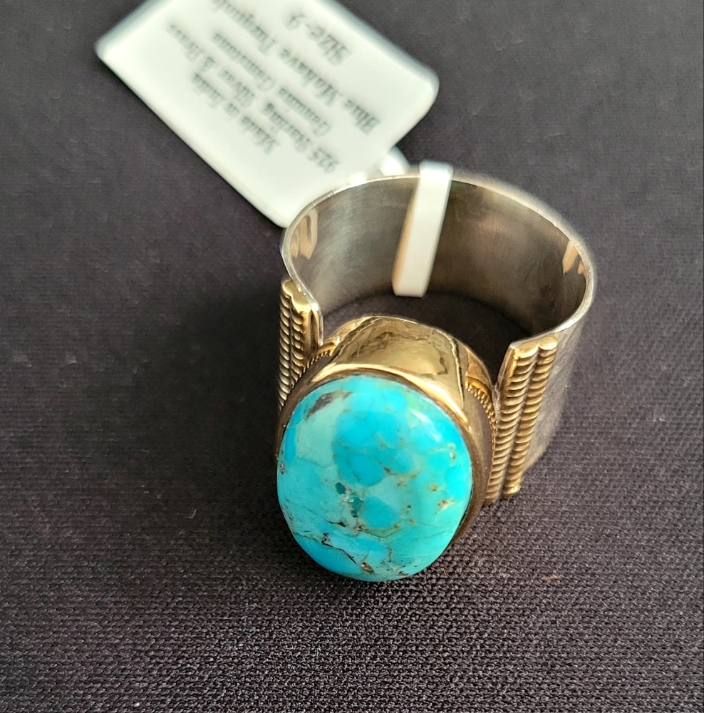 Blue Mohave Turquoise Sterling Silver Brass Ring sz.9